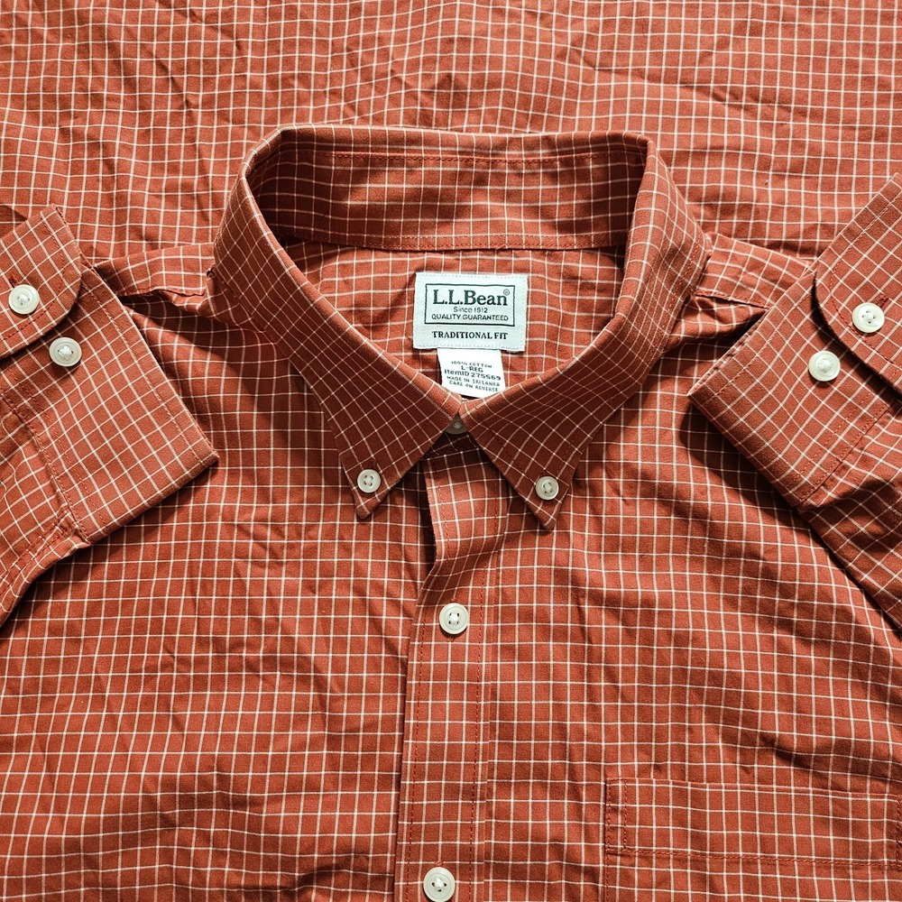 LL Bean Traditional Fit Long Sleeve Button Down Red Check Mens Large - Picture 1 of 11
